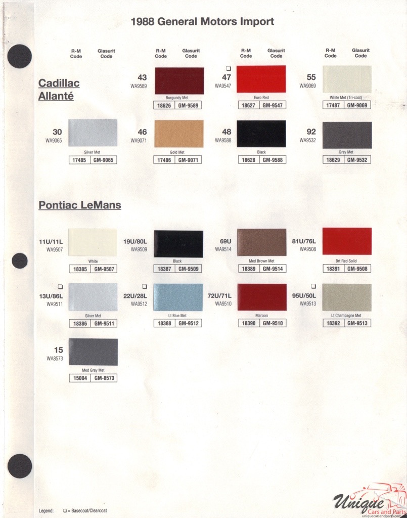 1988 General Motors Import Paint Charts RM 1